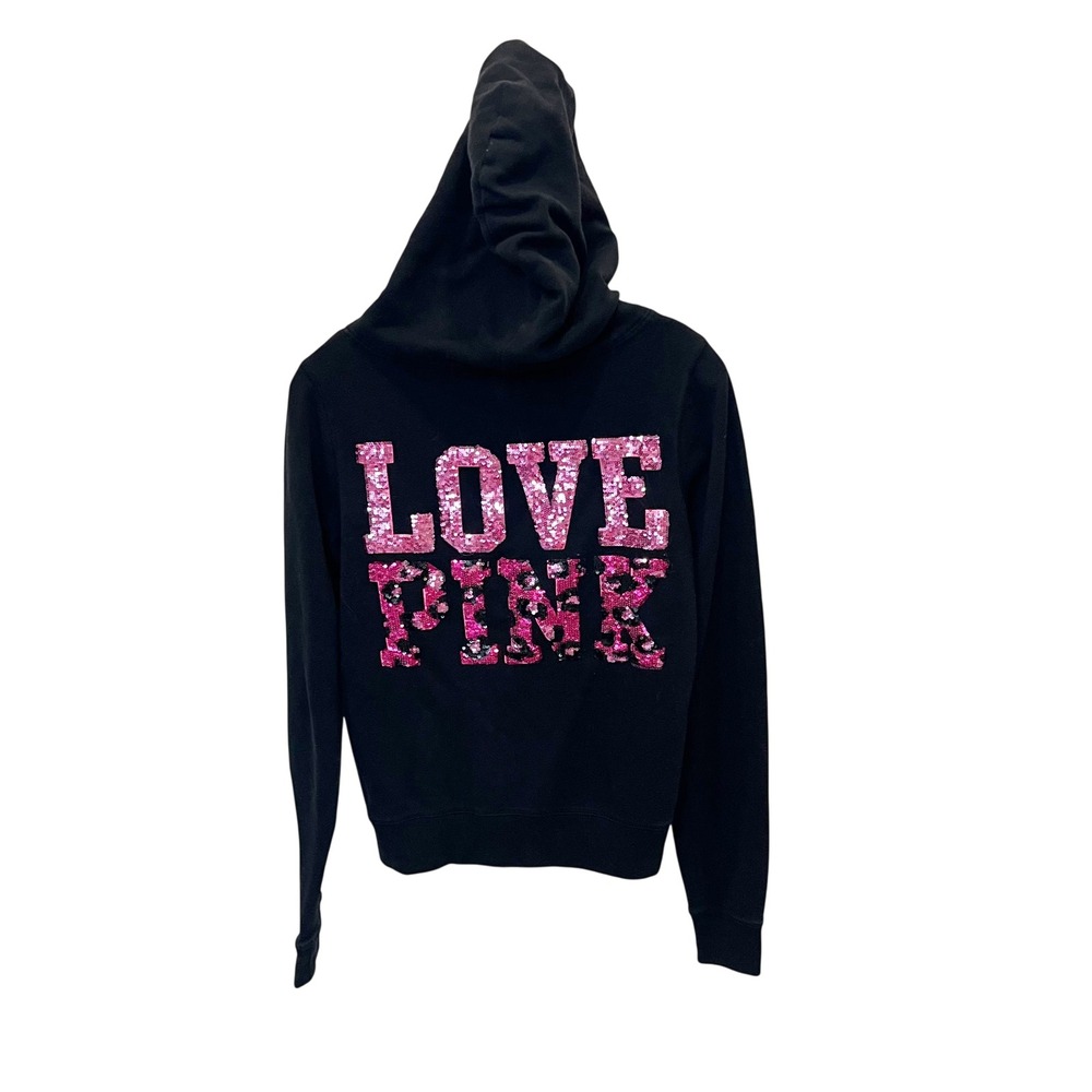 Vtg Y2K Victoria's Secret VS PINK Full Zip Hoodie Black Love Pink Sequin MEDIUM